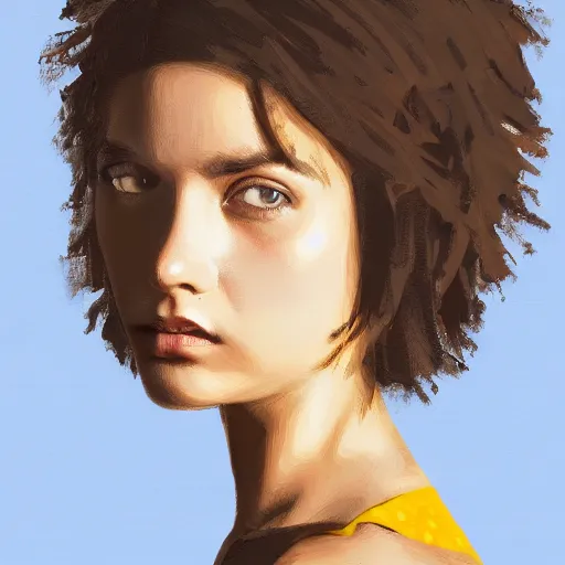 Prompt: Caucasian female model with short hair wearing a crocheted croptop, digital painting, side profile, HD, dramatic lighting, highly detailed