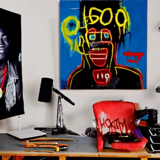 Prompt: photo of basquiat and kurt cobain in a high end studio, photorealistic,