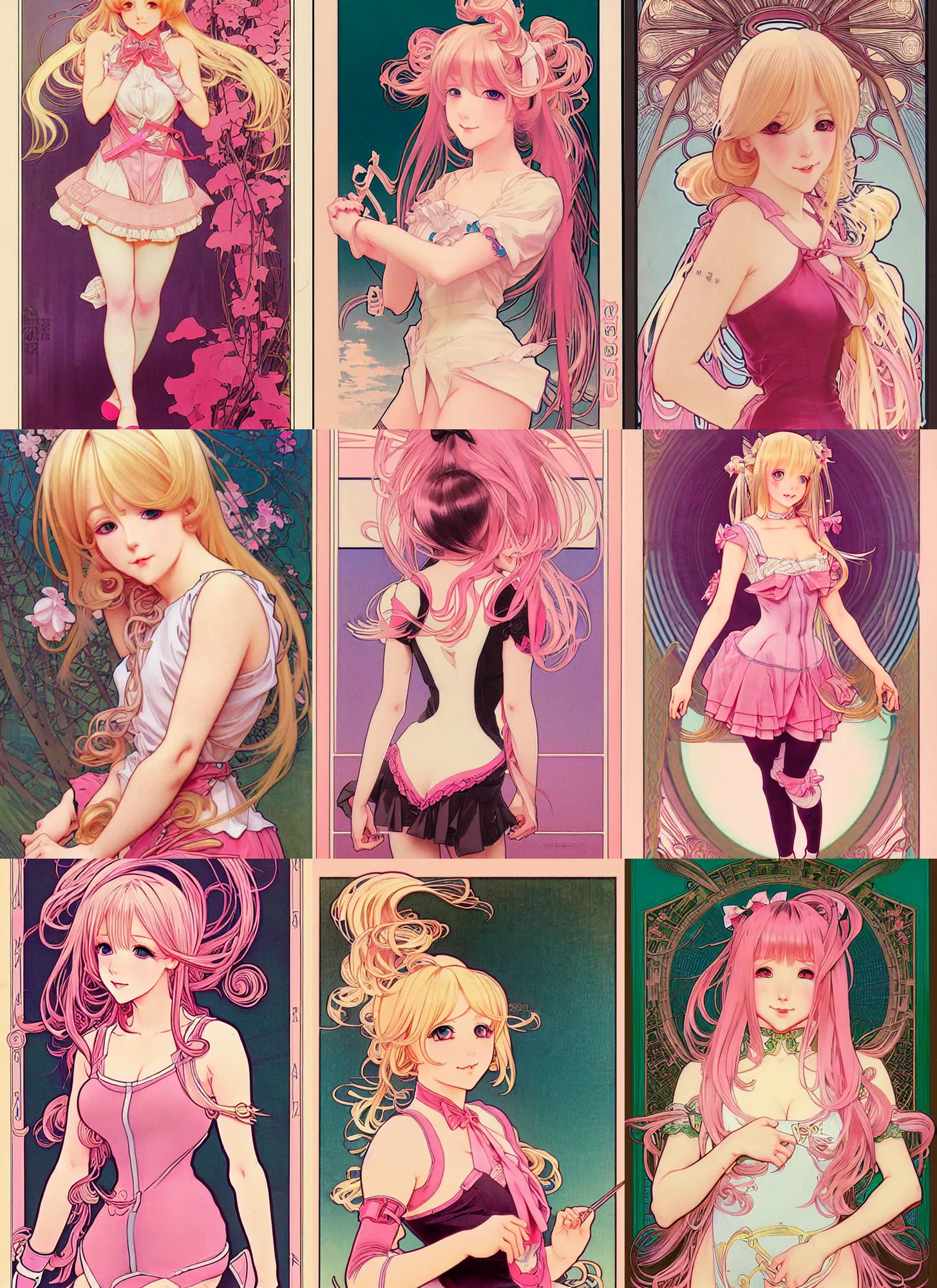 Prompt: portrait of cute blond anime girl, with huge long pigtails, skintight pink bodysuit, dark pink miniskirt, extremely detailed, digital illustration, by rossdraws, alphonse mucha, frank fanzzeta, collectible card art