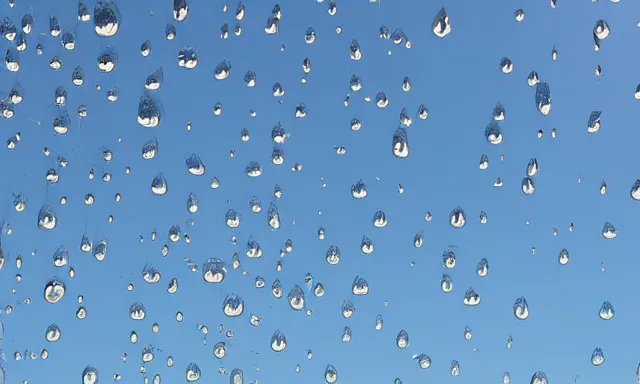 Image similar to beautiful picture of a sunny blue sky with a magical vertical cylindrical tunnel of big upside-down raindrops floating quietly