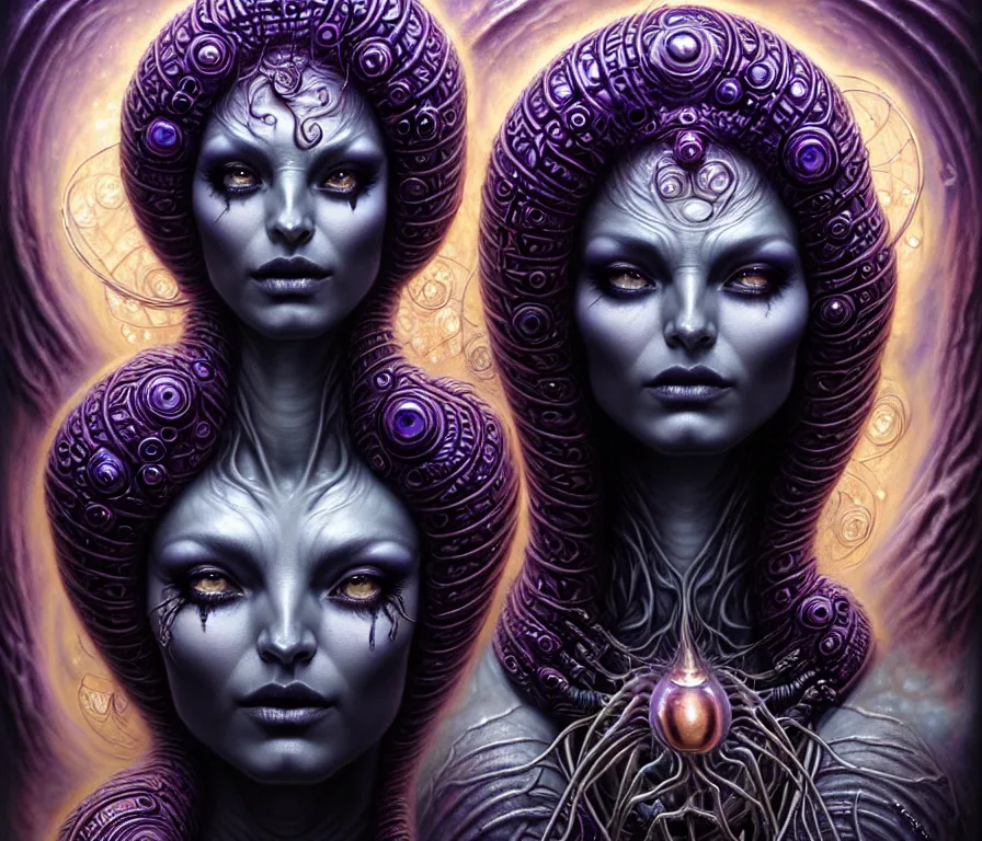 Image similar to A beautiful detailed alien goddess woman with 6 arms super dark tarot card, gorgeous model face by Stanley Artgerm, by tomasz alen kopera and Justin Gerard, 4 eyes, beautiful symmetrical features, ominous, magical realism, melting, texture, intricate, ornate, royally decorated, melting, whirling smoke, embers, purple adornments, blue torn fabric, radiant colors, fantasy, trending on artstation, volumetric lighting, micro details, 3d sculpture, ray tracing, 8k, anaglyph effect