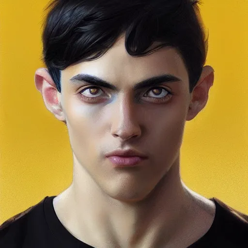 Image similar to ultra realistic illustration, a young man with black hair, in a yellow t - shirt, with blue eyes, highly detailed, digital painting, artstation, concept art, smooth, sharp focus, illustration, art by artgerm and greg rutkowski and alphonse mucha