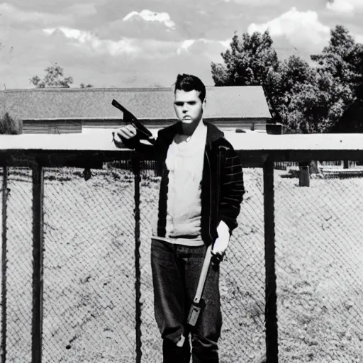 Image similar to Young man standing looking to the right in a red bandana, blue striped shirt, gray vest and a gun with a partly cloudy sky in the background. The young man is standing in front of an iron fence. Photograph. Real life