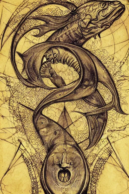 Prompt: occult diagram of a happy salmon!! in the style of wayne barlowe, gustav moreau, goward,  Gaston Bussiere and roberto ferri, santiago caruso, ((jose gabriel alegria sabogal)), composition by austin osman spare!