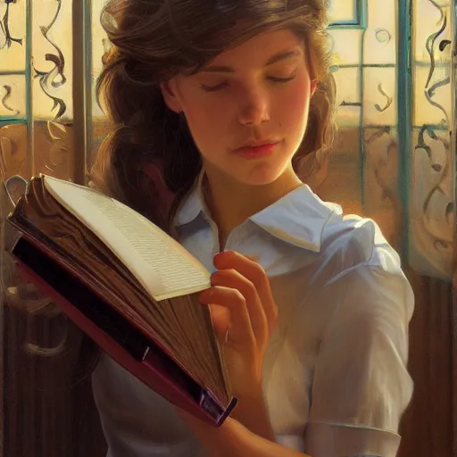 Image similar to a portrait of girl reading a book, detailed, centered, digital painting, artstation, concept art, donato giancola, Joseph Christian Leyendecker, WLOP, Boris Vallejo, Breathtaking, 8k resolution, extremely detailed, beautiful, establishing shot, artistic, hyperrealistic, beautiful face, octane render