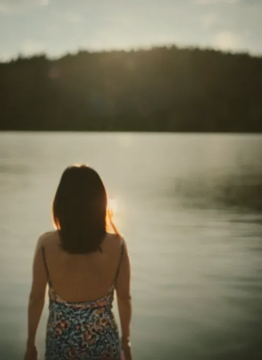 Image similar to a 2 8 mm holga photo from the back of a woman at the edge of a lake, splash art, movie still, bokeh, canon 5 0 mm, cinematic lighting, dramatic, film, photography, golden hour, depth of field, award - winning, anamorphic lens flare, 8 k, hyper detailed, 3 5 mm film grain