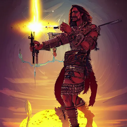 Prompt: cyberpunk barbarian dresssed like a nomad and firing a laser pistol, egyptian landscape, science fiction pulp illustration, mobius art style