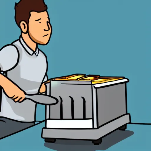 Prompt: a wikihow illustration of a man putting a fork in a toaster