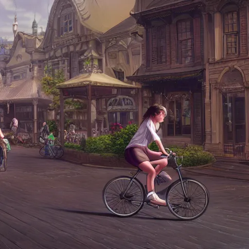 Image similar to girl riding on bike through victorian town square, digital art, by ben weiner, richard estes, range murata, akiyuki shinbou, yoshitaka amano, wlop, highly detailed, realistic, cinematic, bold colours, photorealism, 4 k, wide angle lens, trending on artstation, artgerm