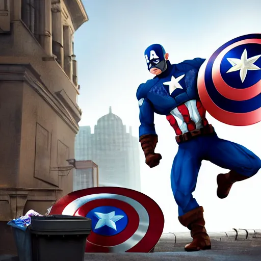 Prompt: hyperdetailed 3 d cartoon render of cartoon captain america being thrown into a garbage can, a sign reads biden did this, exaggerated facial features, cartoon style, white background, low angle shot, cinematic studio lighting, studio quality, octane render, unreal engine 5, trending on artstation, art by sebastian jm, 8 k
