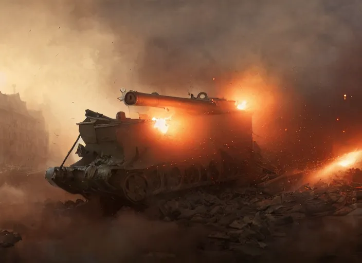 Prompt: A World War 1 Tank firing his gun to a building causing it to collapse and explode, Battlefield 1, extremely detailed digital painting, in the style of Fenghua Zhong and Ruan Jia and jeremy lipking and Peter Mohrbacher, mystical colors, rim light, beautiful Lighting, 8k, stunning scene, raytracing, octane, trending on artstation