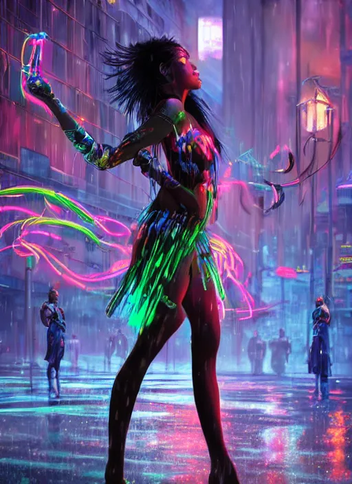 Image similar to An epic fantasy comic book style full body portrait painting of a very beautiful imposing cyberpunk Hula Dancer dancing in the rain, neon reflections in the rain puddles, character design by Mark Ryden and Pixar and Hayao Miyazaki, unreal 5, DAZ, hyperrealistic, octane render, cosplay, RPG portrait, dynamic lighting, intricate detail, cinematic