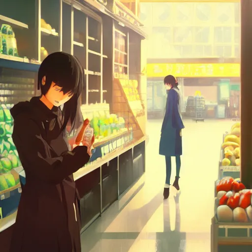 Image similar to a photography of a woman Grocer with frock,looks like Ziyi Zhang ponytail, grocery store around，winter,anime style character, clean soft lighting, backlit beautiful face, Oil painting, by Ilya Kuvshinov, Greg Rutkowski and Makoto Shinkai