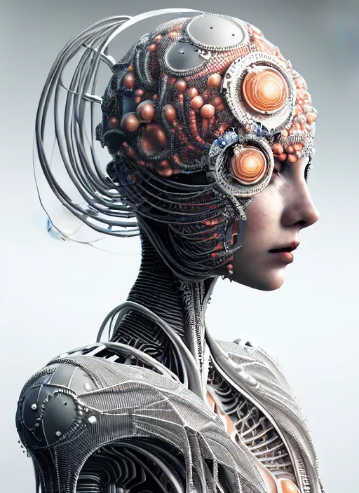 Image similar to portrait of an absurdly beautiful, graceful, sophisticated, fashionable cyberpunk mechanoid, hyperdetailed illustration by irakli nadar and alexandre ferra, intricate linework, white porcelain skin, faberge, coral headdress, unreal engine 5 highly rendered, global illumination, radiant light, detailed and intricate environment