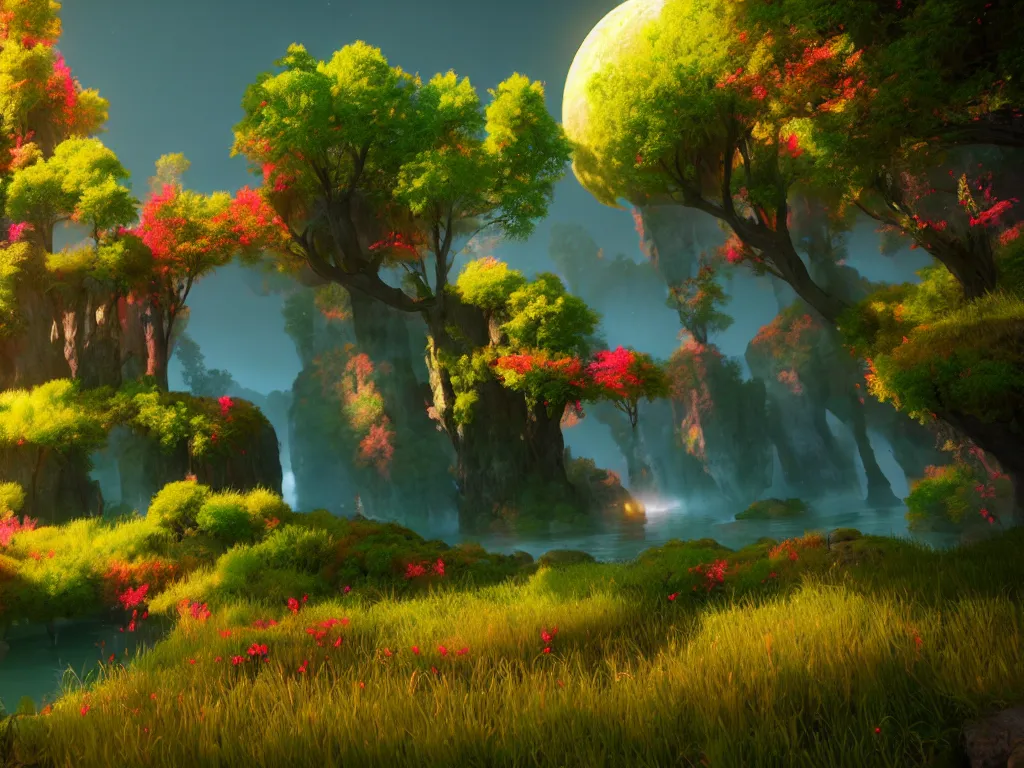 Prompt: beautiful colorful fantasy landscape, rtx, unreal engine 5, cryengine, render