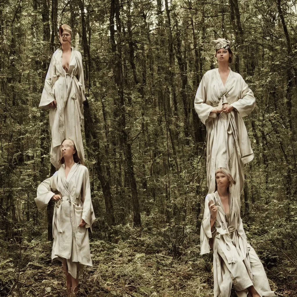 Image similar to a woman with a robe made of wire in a forest, vogue magazine