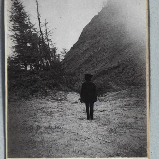 Image similar to old photo of a creepy landscape, creepy figure in the distance