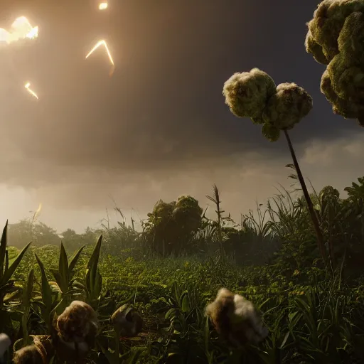 Image similar to huge explosion in the form of cotton plants, beautiful dynamic lighting, cinematic, extremely high detail, photo realistic, cinematic lighting, post processed, concept art, artstation, matte painting, unreal engine 8k