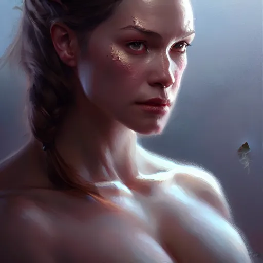 Image similar to actress, muscular upper body, D&D, fantasy, intricate, elegant, highly detailed, oil painting, artstation, concept art, smooth, sharp focus, illustration, art by artgerm and greg rutkowski and Francis Bacon