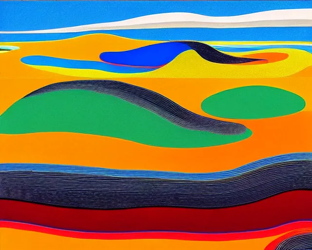 Image similar to A wild, insane, modernist landscape painting. Wild energy patterns rippling in all directions. Curves, organic, zig-zags. Saturated color. Mountains. Clouds. Rushing water. Waves. Psychedelic dream world. Wayne Thiebaud. Lisa Yuskavage landscape.