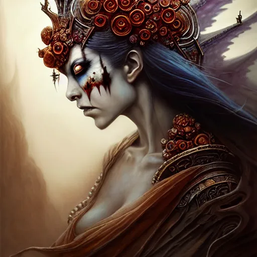 Image similar to a beautiful detailed 3d matte painting of female empress of the dead, by ellen jewett, tomasz alen kopera and Justin Gerard, symmetrical features, ominous, magical realism, texture, intricate, ornate, royally decorated, skull, skeleton, whirling smoke, embers, red adornements, red torn fabric, radiant colors, fantasy, trending on artstation, volumetric lighting, micro details, 3d sculpture, ray tracing, 8k