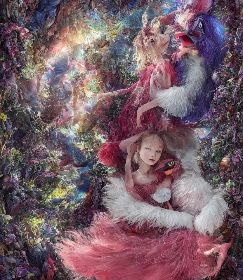 Image similar to hyper detailed 3d render like a Oil painting - kawaii portrait of hopeful lovers hugging tight or kissing pecking adorably Aurora (a beautiful girl skeksis muppet fae princess protective playful expressive acrobatic from dark crystal that looks like Anya Taylor-Joy) seen red carpet photoshoot in UVIVF posing in scaly dress to Eat of the Strangling network of yellowcake aerochrome and milky Fruit and His delicate Hands hold of gossamer polyp blossoms bring iridescent fungal flowers whose spores black the foolish stars by Jacek Yerka, Ilya Kuvshinov, Mariusz Lewandowski, Houdini algorithmic generative render, golen ratio, Abstract brush strokes, Masterpiece, Edward Hopper and James Gilleard, Zdzislaw Beksinski, Mark Ryden, Wolfgang Lettl, hints of Yayoi Kasuma and Dr. Seuss, Grant Wood, octane render, 8k