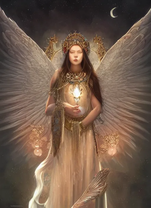 Image similar to A beautiful digital painting of a female Seraphim full of jewels, princess, the moon behind her, intricate, cinematic lighting, highly detailed, digital painting, Artstation, concept art, smooth, sharp focus, illustration, art by Tom Bagshaw, Artgerm and Greg Rutkowski