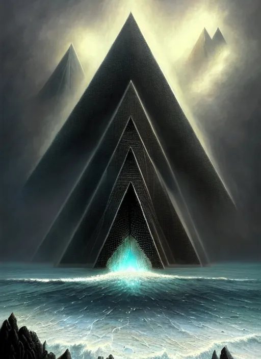 Image similar to a black pyramid emerging from ocean, a scenic dystopian environment, lovecraftian, intricate, elegant, highly detailed, centered, digital painting, artstation, concept art, smooth, sharp focus, illustration, artgerm, tomasz alen kopera, peter mohrbacher, donato giancola, joseph christian leyendecker, wlop, boris vallejo