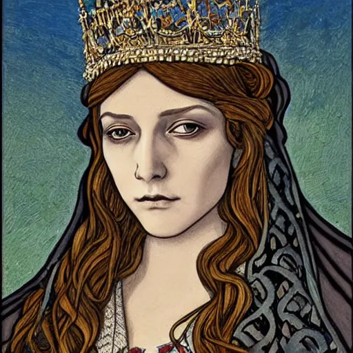 Prompt: detailed realistic beautiful young medieval queen face portrait by tony diterlizzi, art nouveau, symbolist, visionary, gothic, pre - raphaelite