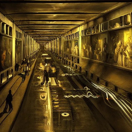 Image similar to computational tunnels, a tunnel complex full of mechanical computers and hooded robots, dramatic baroque oil painting, chiaroscuro