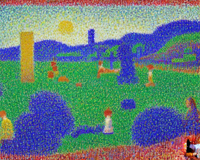 Image similar to pointillism painting of minecraft landscape, by paul signac, by georges seurat, by albert dubois - pillet