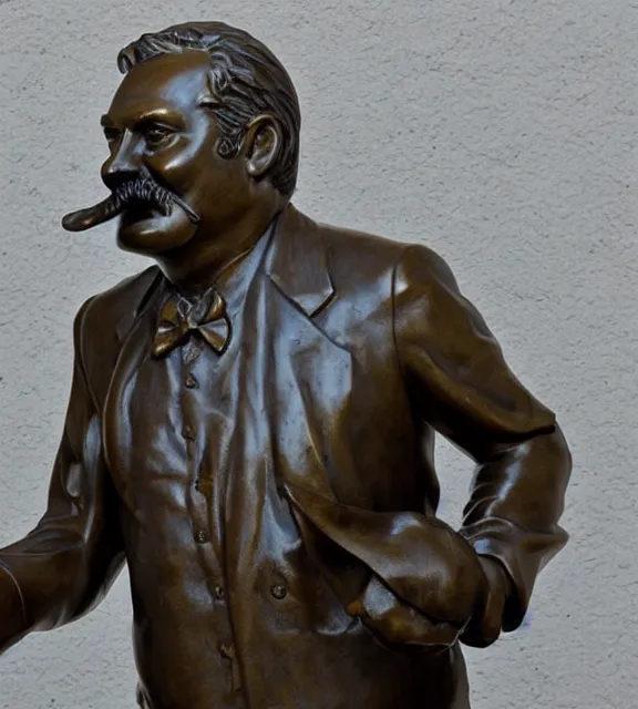 Prompt: a 4 k photorealistic photo medium shot of a bronze statue of a middle aged man with a moustache.