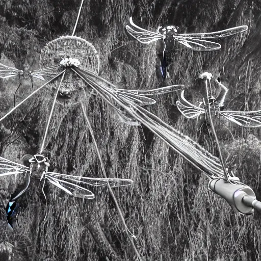 Image similar to a horde of dragonflies using cables to lift a tank, fantasy
