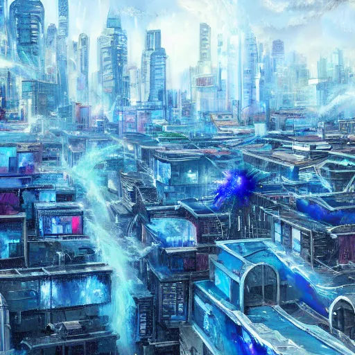 Image similar to Concept art of an urban city getting magically shredded into blue particles, trending on artstation, oil on canvas, vivid color, ultra detailed.