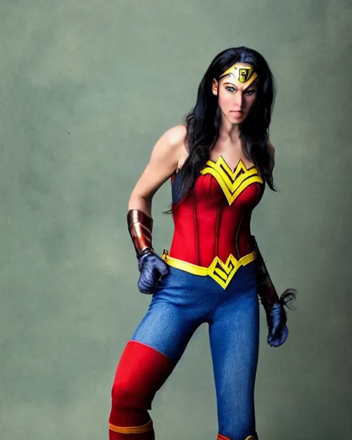 Image similar to a Chimpanzee, dressed as Wonder Woman, is wearing tight fit Blue Jean pants, photographed in the style of Annie Leibovitz, photorealistic