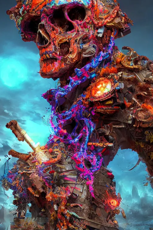 Prompt: art by andrew chiampo, frederik heyman and jonathan zawada, a highly detailed digital art rendering and concept design of a postapocalyptic raider entwined in popping colorful fluids, fantasy, hyperrealism, 4 k, volumetric lighting, three dimensions, a digitally altered world, user interface design, 3 d modeling, illustration, and transportation design