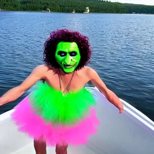 Prompt: ( putin as old gregg ) wearing a pink tutu, on a boat on a lake