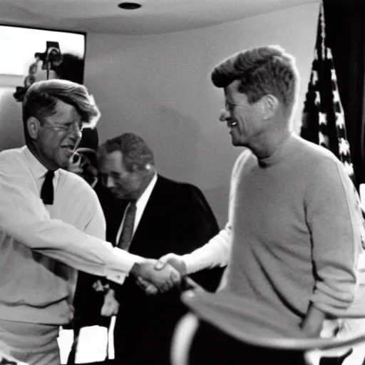 Image similar to a black and white photo of president kennedy shaking hands with a space alien