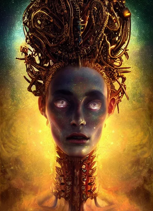 Prompt: epic portrait of menacing and agitated yet stunningly beautiful biomechanical djinn the unwilling god of creation overseeing the iridescent fabric of the universe, by charlie bowater, mandy jurgens, gustav klimt, octane render, iridescent, 4k, 8k, high detail, HDR, by tom bagshaw, powerful, with inspiration from Beksinski