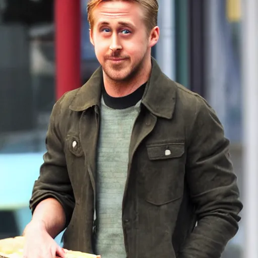 Image similar to ryan gosling burns his tongue on a pizza