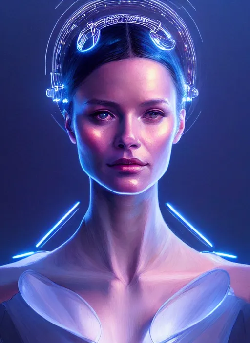 Image similar to portrait of drone host from westworld, intricate, elegant, glowing lights, highly detailed, digital painting, artstation, glamor pose, concept art, smooth, sharp focus, illustration, art by artgerm and greg rutkowski, artey freytag