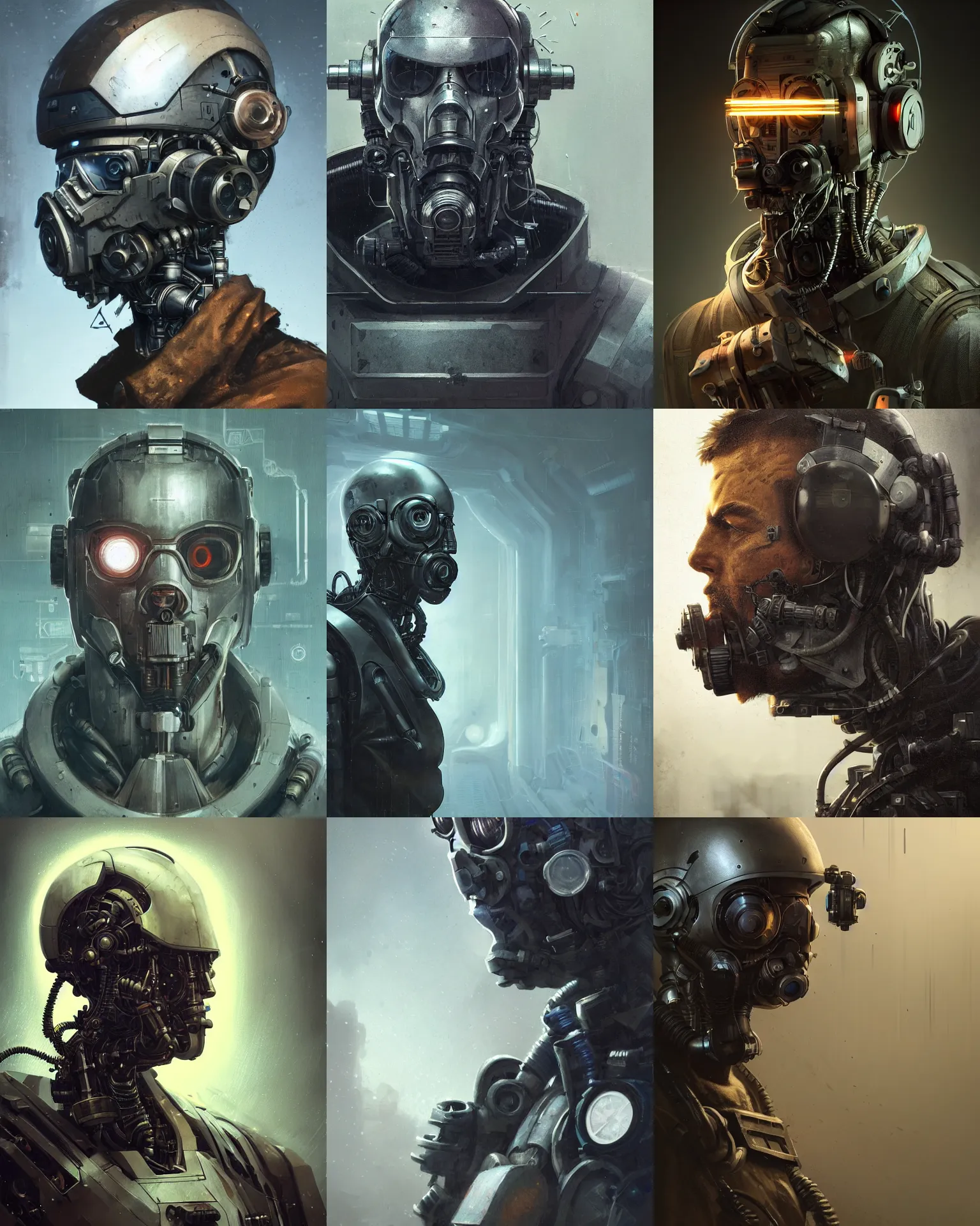 Image similar to a rugged research engineer man with cybernetic enhancements, detailed optics mask, scifi character portrait by greg rutkowski, esuthio, craig mullins, 1 / 4 headshot, cinematic lighting, dystopian scifi gear, gloomy, profile picture, mechanical, half robot, implants, steampunk, warm colors