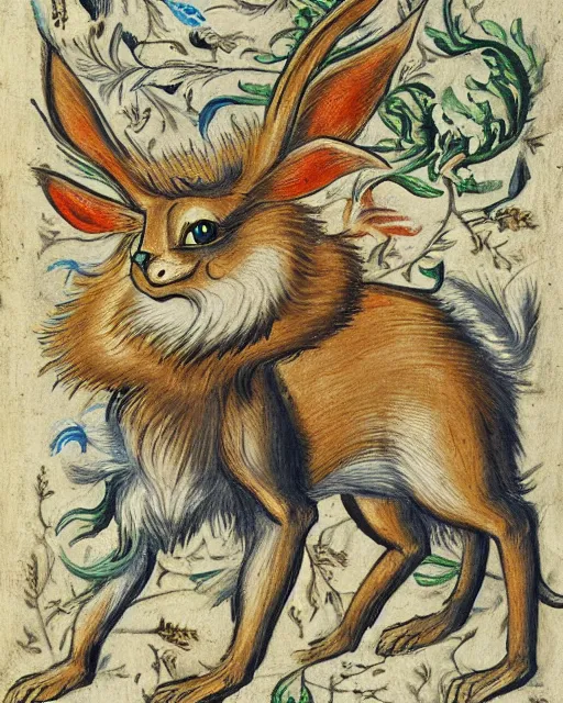 Prompt: a manuscript painting of Eevee in the style of the Rochester Bestiary, Ashmole Bestiary