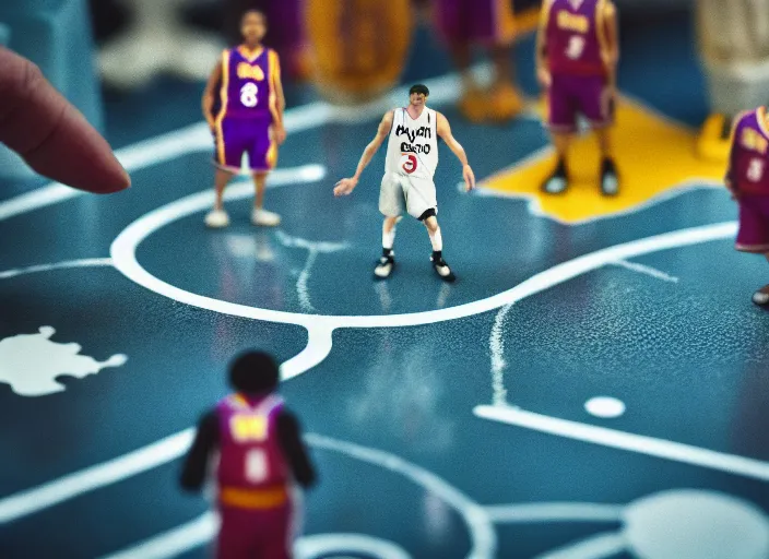 Image similar to cinematic screenshot of a stop motion claymation film about a wacky adventure starring kobe bryant, shallow depth of field, 1 8 mm, f 1. 8