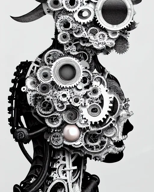 Image similar to black and white dreamy foggy profile face portrait, one steampunk eye biomechanical beautiful young female cyclope - cyborg - robot bust, body ribs meshes,, volumetric light, hibiscus flowers, by hg giger, rim light, by dora maar and cecile beaton, big gothic fashion pearl embroidered collar, 8 k