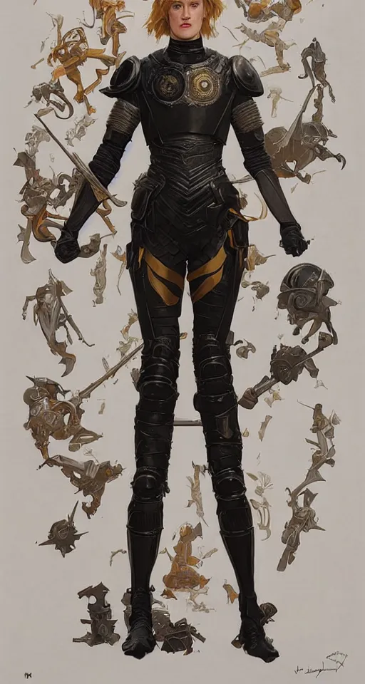 Image similar to mackenzie davis actress wearing black armour with bare legs, mucha, hard shadows and strong rim light, art by jc leyendecker and atey ghailan and sachin teng