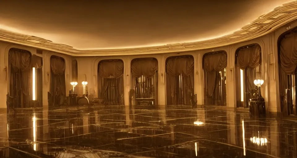 Prompt: an incredibly beautiful scene from a 2 0 2 2 marvel film featuring an art deco palace during a hurricane. recessed lights. large windows. lightning. uhd.