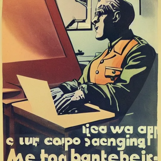 Image similar to a man sleeping at a computer is stung by a bumblebee, ww 2 allied propaganda poster, no text, highly detailed