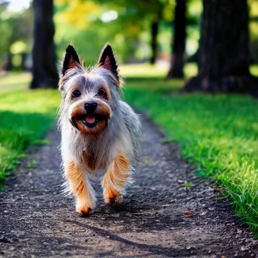 Prompt: a happy cairn terrier walking around a park