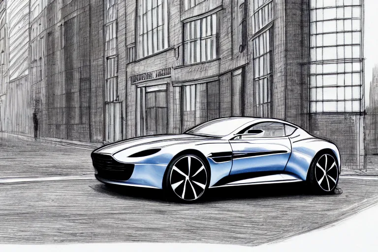 Image similar to copic marker pen drawing of an aston martin concept car, in a london business district street, medium range, sharp, very detailed, high resolution, trending on artstation